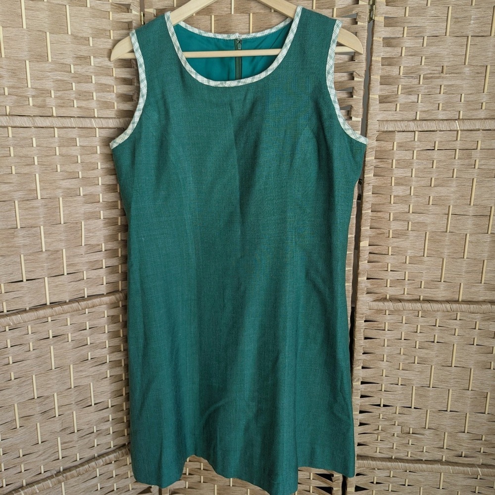 Vtg Green Sleeveless Shift Dress‎ Checkered Trim Retro Mod Twee Academia Preppy